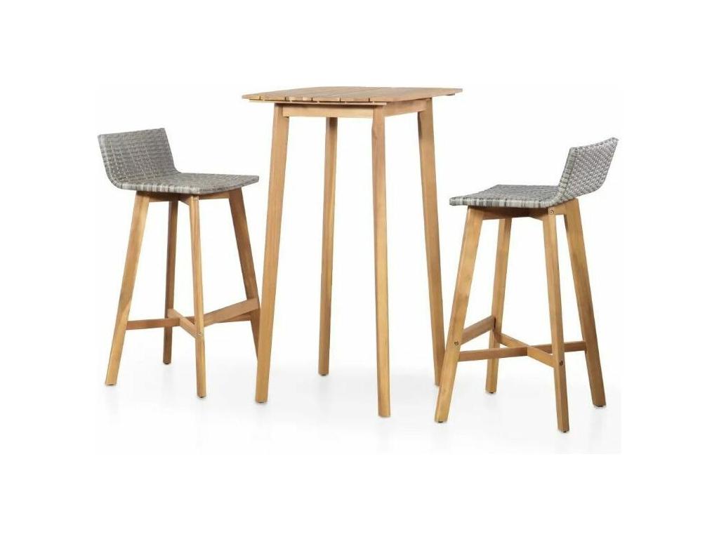 Table de bar carrée et 2 chaises de jardin Nidchicshop massif clair et résine tressée gris Nidchicshop 26567GYZO