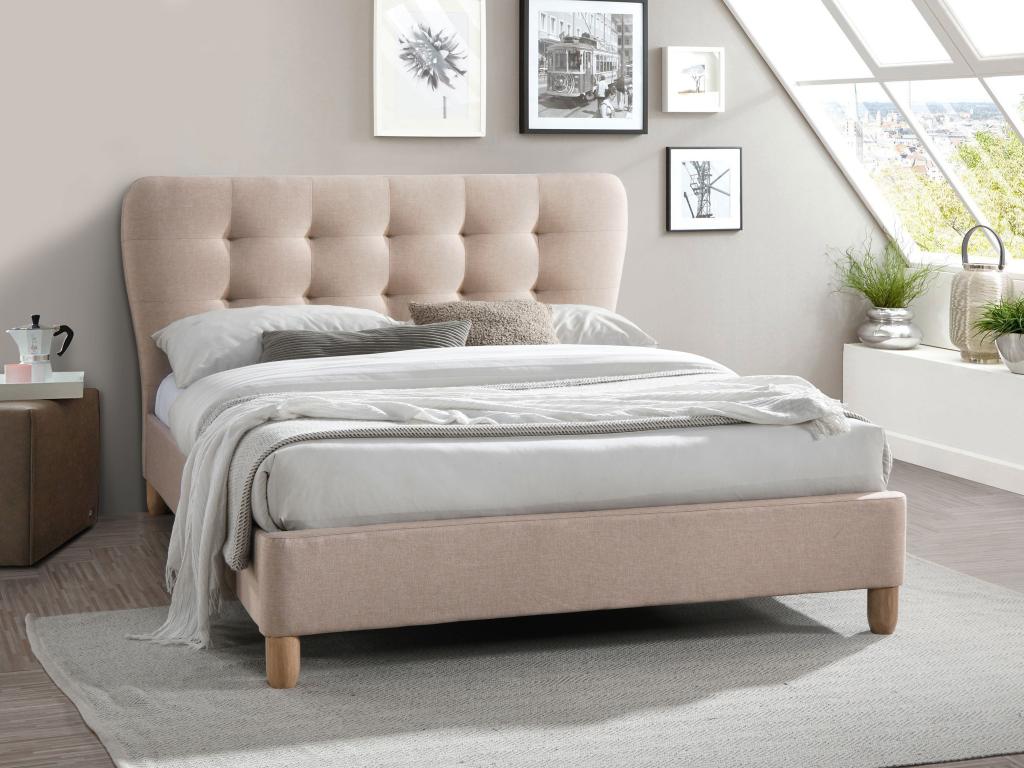 Lit 140x190 cm avec tête de lit capitonnée - Tissu - Beige - Calmetop 48425KROZ