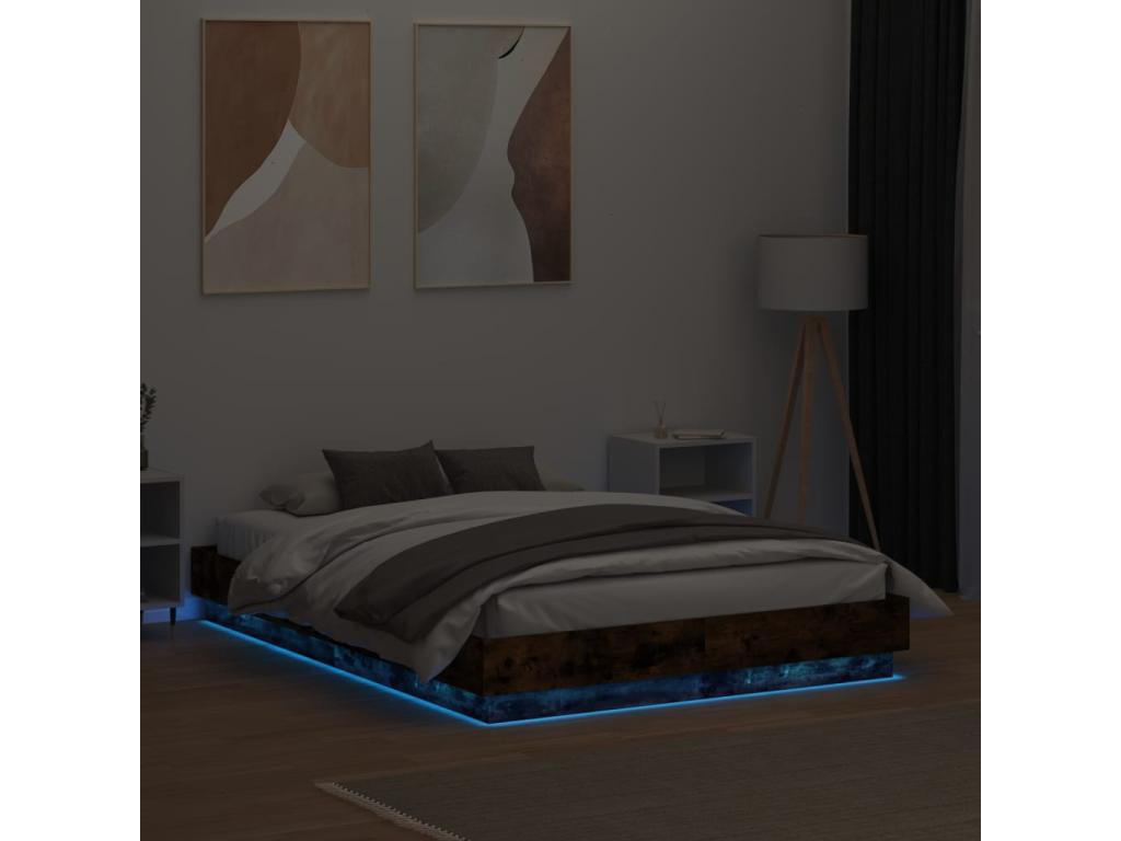 Cadre de lit avec Nidchicshop LED chêne fumé 135x190 65497ASDR