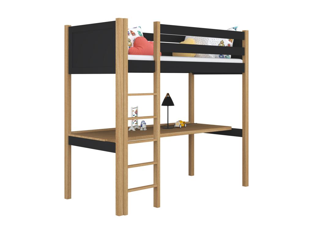 Lit mezzanine en bois - avec bureau N06 Noir / Chêne Naturel 90x190 12527HABM