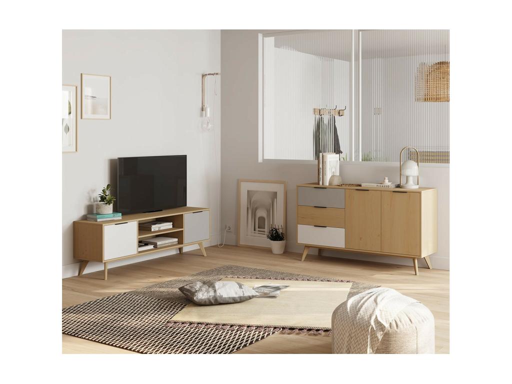 Nidchicshop - Meuble TV 140cm 2 Portes Scandinave Pin Massif Gris Blanc et Effet Chêne 00408GKEI