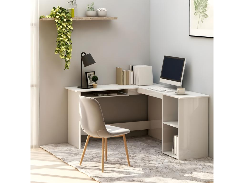 Bureau d'angle forme de L Blanc brillant 120x140x75cm Aggloméré 24314BHMU