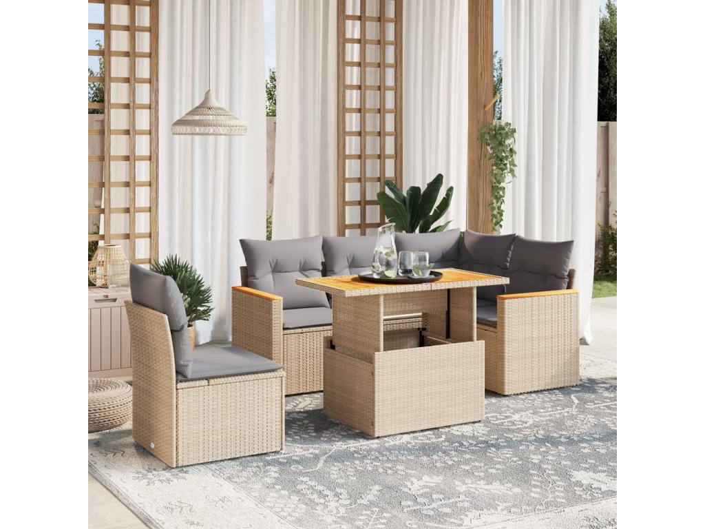Salon de jardin avec coussins 6 pièces beige résine tressée 09141EDXM