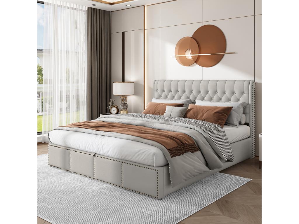 Lit coffre - 180x200cm - avec sommier à Nidchicshop - lin - gris - Nidchicshop 79881XTPV
