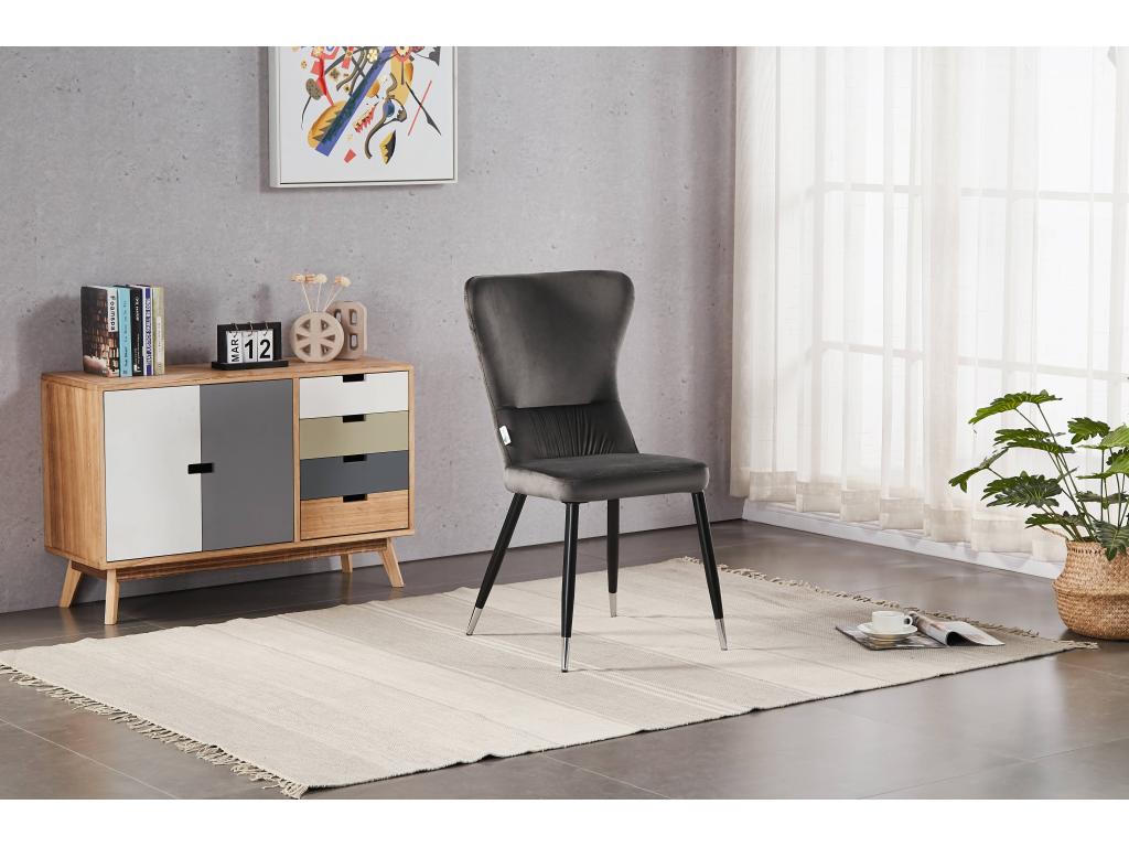 NOUVEAU Nidchicshop - Lot de 2 Chaises Rétro en Velours Gris - Pieds Coloris Noir / Métal 51761YVWY