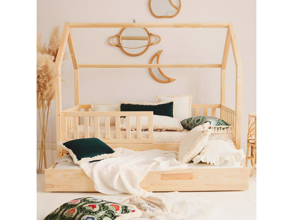 Lit cabane 90x190 barrière sommier et tiroir inclus Nidchicshop Bois 24050IUFR