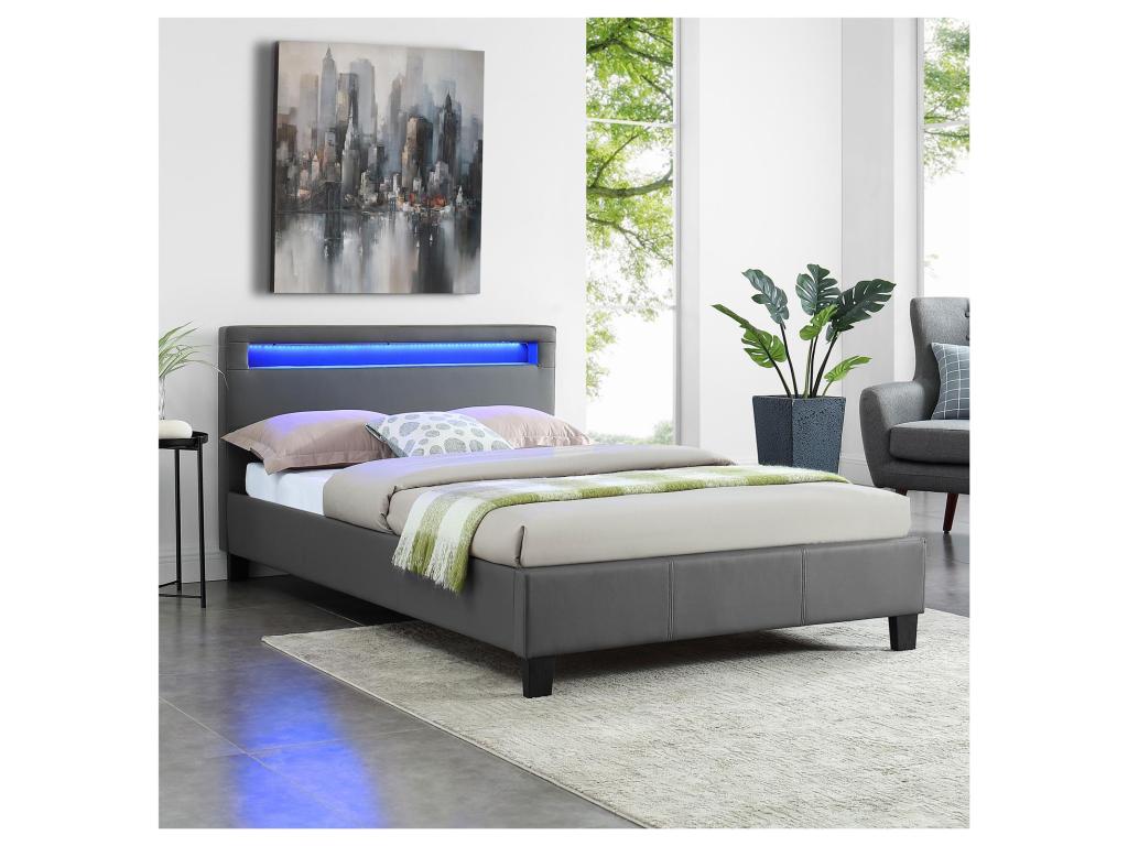 Lit LED simple 120x190 cm avec sommier tête de lit confortable lit 1 place revêtement synthétique gris MIRANDO 15366LIAA