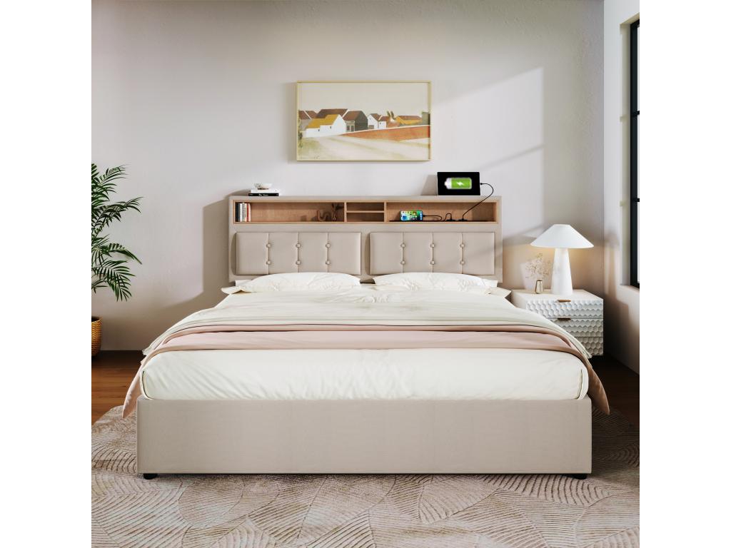 Lit coffre 140x200 cm avec tête de lit rangement - prise USB/C - tissu en lin - beige 22809LQNV