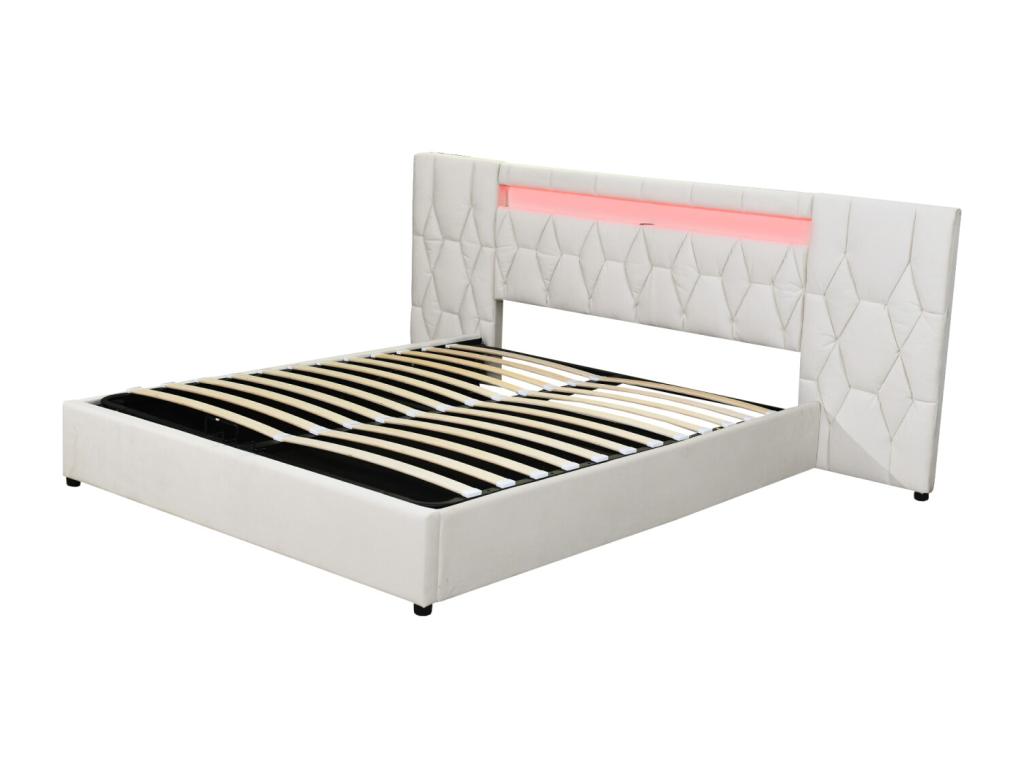 Lit coffre capitonné 180x200cm - avec grand dossier - avec LED et prise USB - velours - lit coffre de rangement - beige 26496LPGI