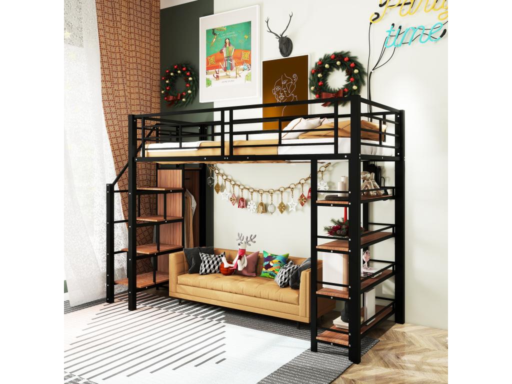 Lit mezzanine en métal 90x200 cm avec étagères de rangement et petite penderie - escalier de sécurité - noir 20410XHGM