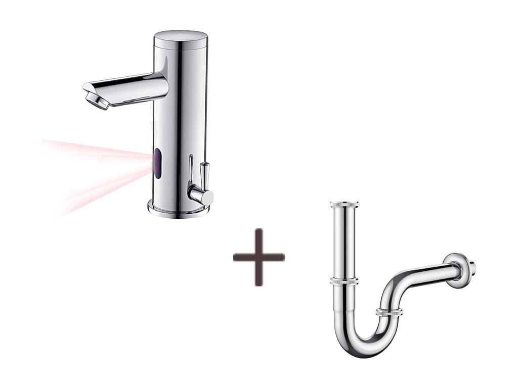 Mitigeur Lavabo Infrarouge Electronique Eau Froide/Chaude en Laiton Siphon Lavabo Forme U Tube de Siphon en Inox Anti-odeurs 32 mm Chromé 58299KHER