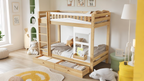 Lit superposé pour enfants 90x200 cm avec rails de fenêtre rails anti-chute robustes deux tiroirs sur Calmetop pin Calmetop blanc naturel 46844YORC