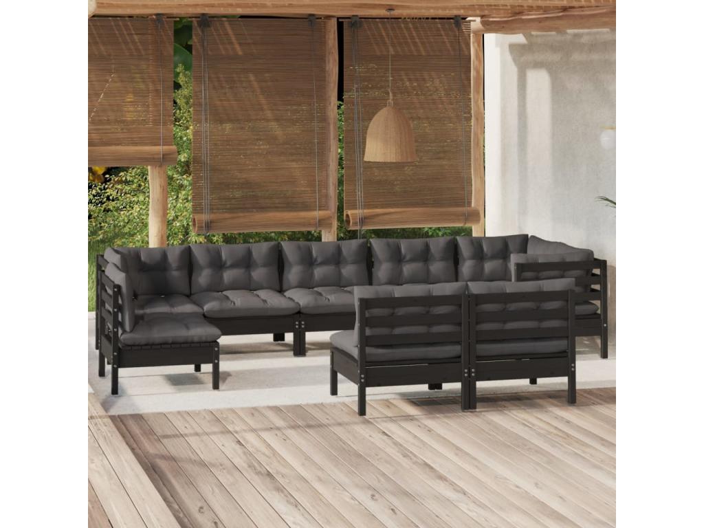 Salon de jardin 9 pièces avec coussins Noir Bois de pin massif 47702NPRN
