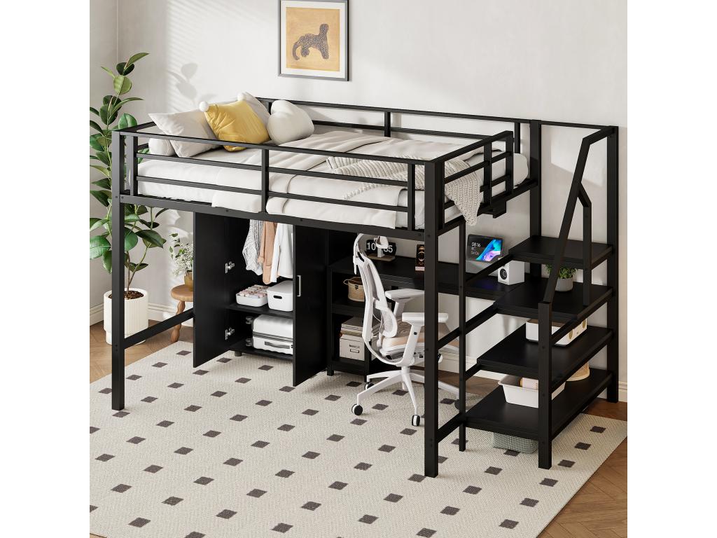 Lit mezzanine 140x200 cm en métal - avec bureau、penderie et échelle de rangement - Noir 69807TVOM
