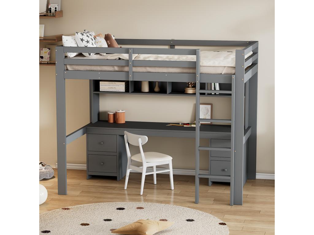 Lit mezzanine 90x200 cm avec bureau bibliothèque tiroirs et échelle Bois Calmetop Gris 92755ZNCQ