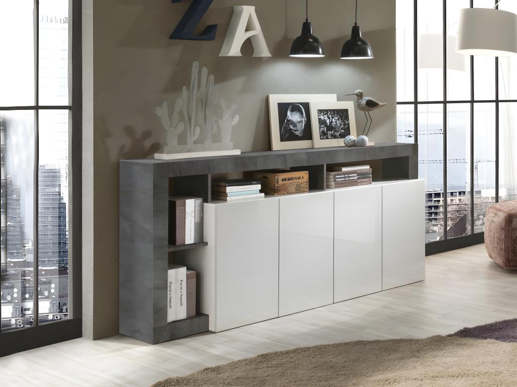 Buffet Nidchicshop - 4 portes et 4 niches - Blanc laqué et béton 93298ALGC