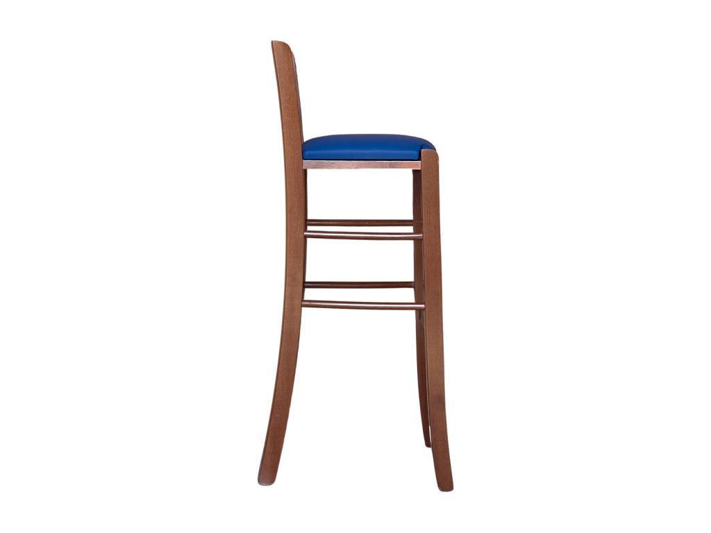 Tabouret en bois de noyer foncé avec dossier h 80 cm assise simili cuir bleu 32351AQTH