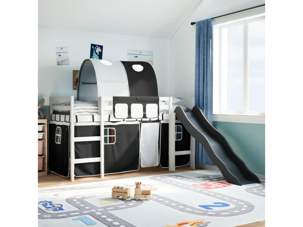 Lit mezzanine enfants et tunnel blanc/noir 90x200 cm pin massif 52177ZMFR