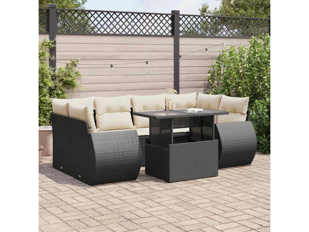 Salon de jardin 7 pièces avec coussins noir résine tressée 31389FLDE