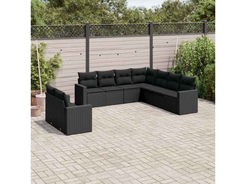 Salon de jardin 9 pièces avec coussins noir résine tressée 55481SFFJ