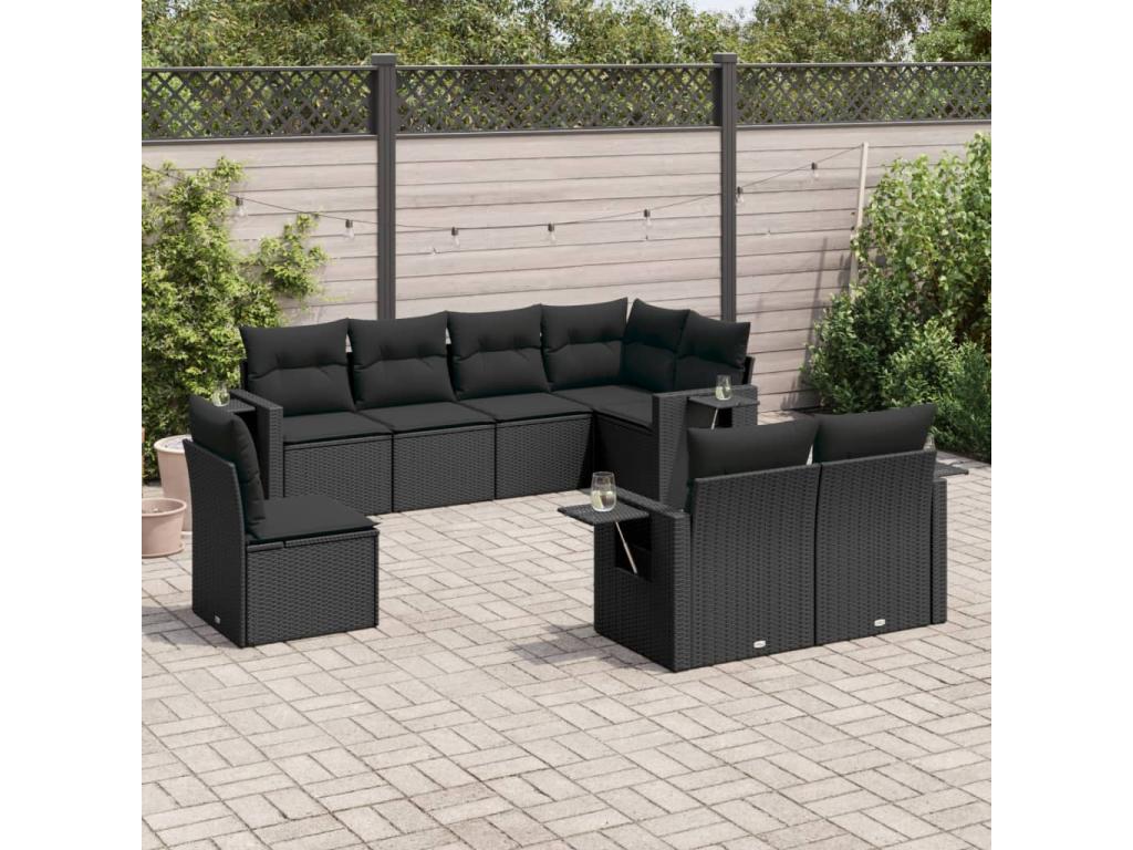 Salon de jardin 8 pièces avec coussins noir résine tressée 87204VUOJ