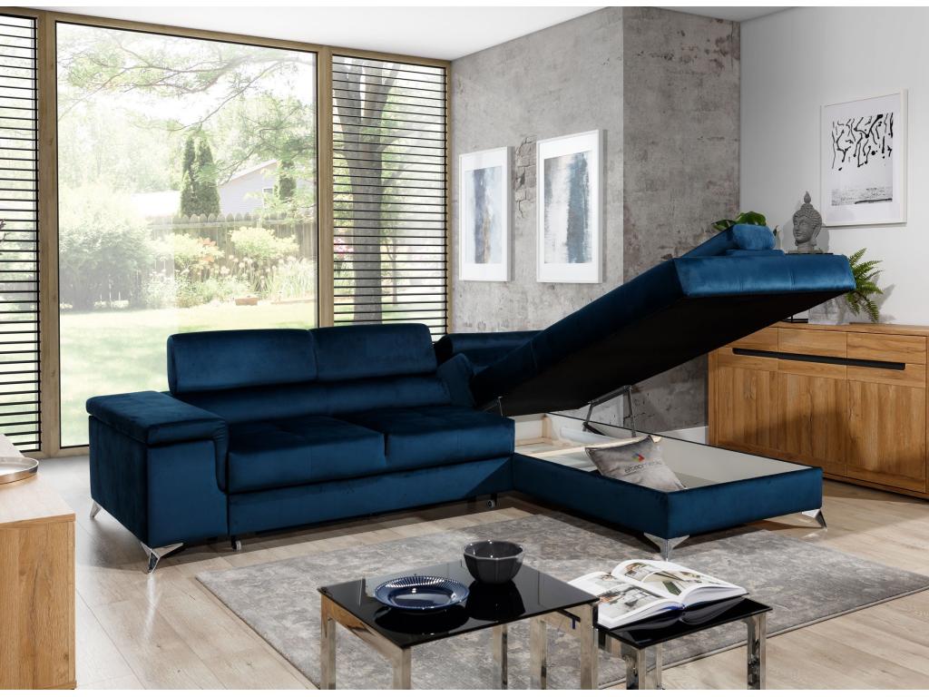 Canapé d'angle droit convertible velours bleu foncé Calmetop 275cm 60176RJDG