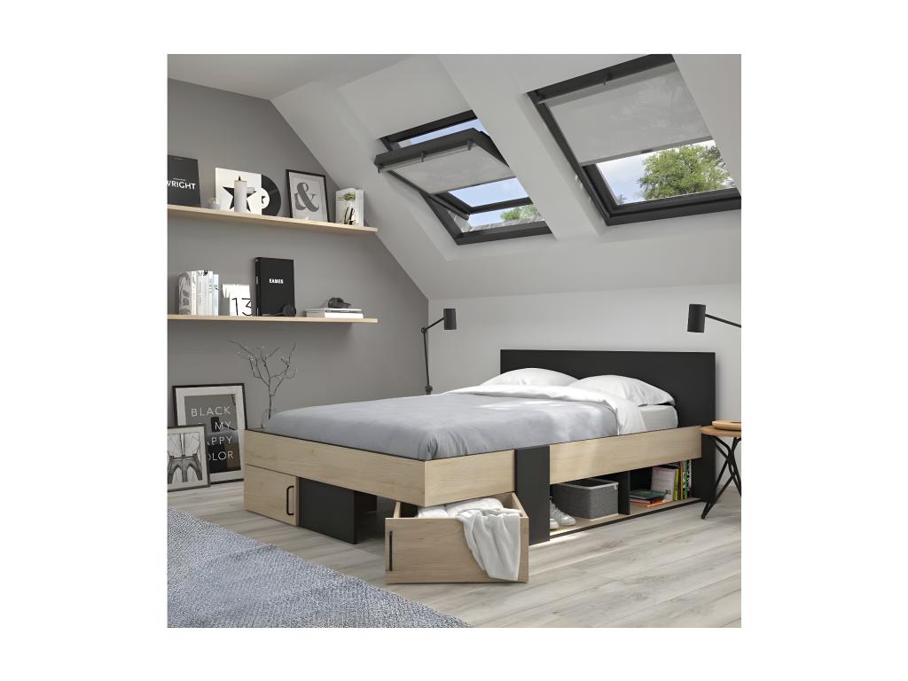 Cadre Tête de lit 140x190 Rangements Chêne/Noir - AMBRE 94499TAFT