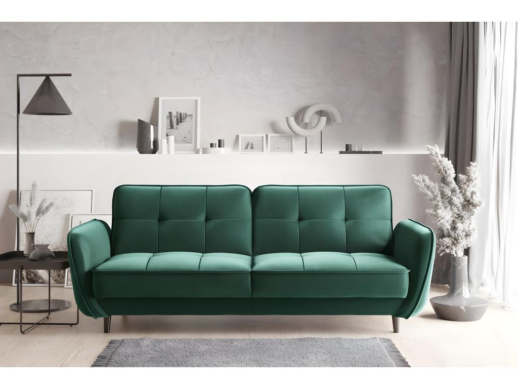 Canapé convertible 3 places tissu doux vert foncé capitonné et pieds bois noir Nidchicshop 220cm 24997BGWT