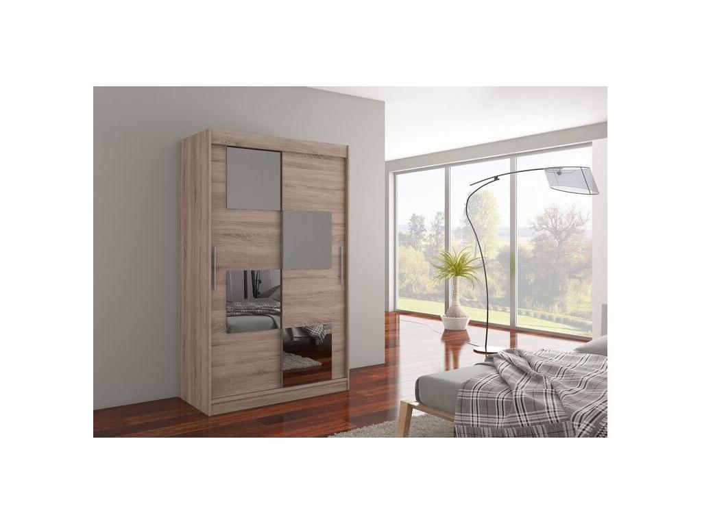 Petite armoire de chambre 2 portes coulissantes bois truffe et 4 miroirs Luko 120cm 34437WFNJ
