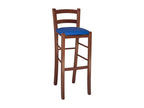 Tabouret en bois de noyer foncé avec dossier h 80 cm assise simili cuir bleu 32351AQTH