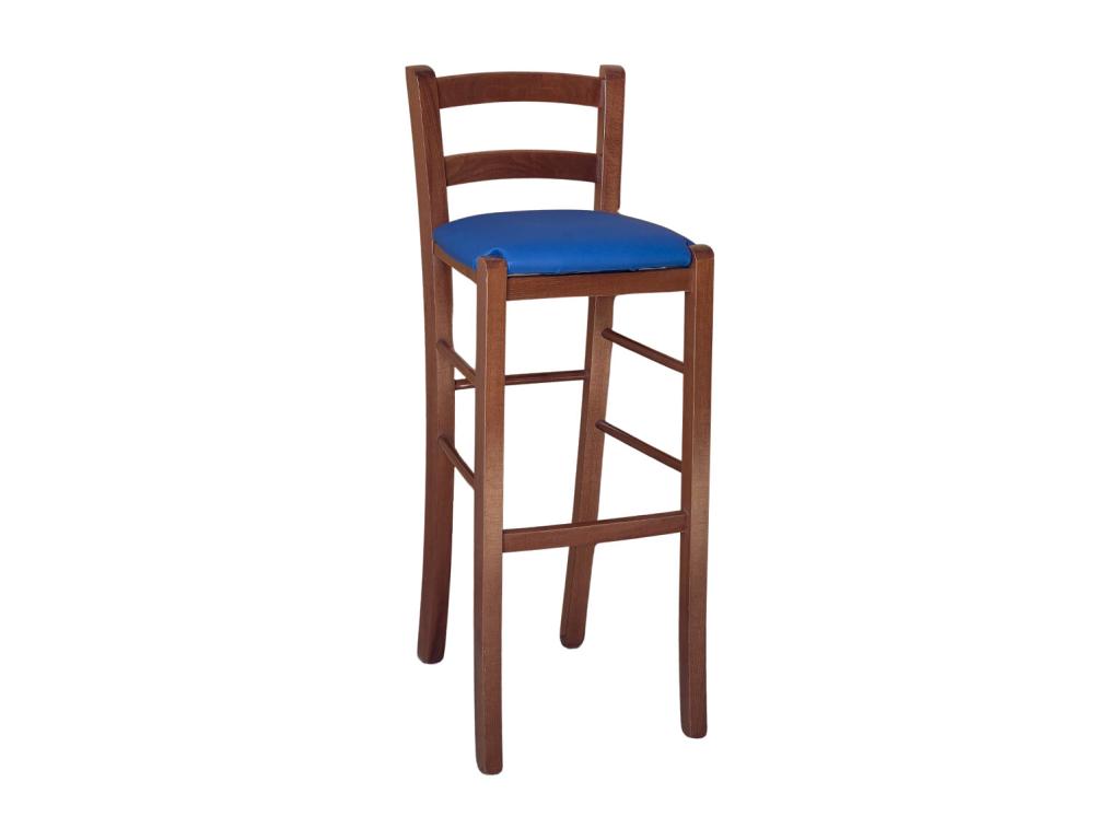 Tabouret en bois de noyer foncé avec dossier h 80 cm assise simili cuir bleu 32351AQTH