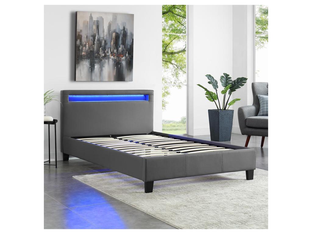 Lit LED simple 120x190 cm avec sommier tête de lit confortable lit 1 place revêtement synthétique gris MIRANDO 15366LIAA