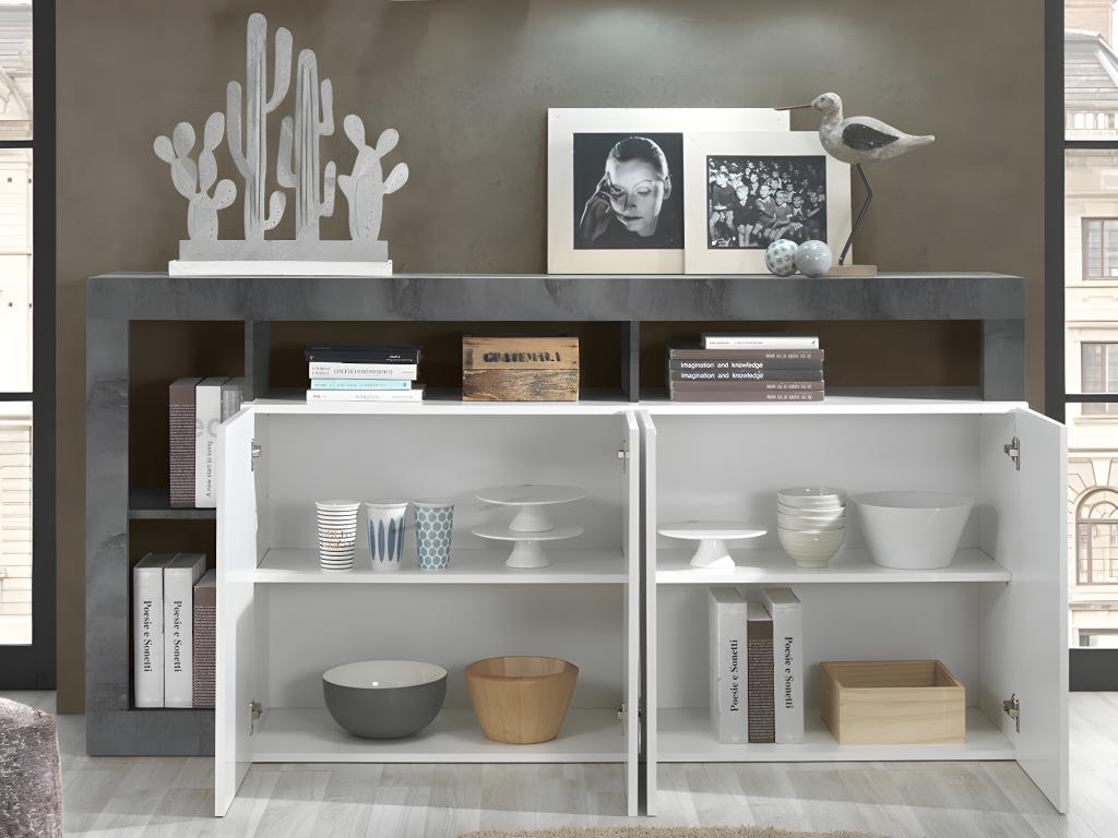 Buffet Nidchicshop - 4 portes et 4 niches - Blanc laqué et béton 93298ALGC
