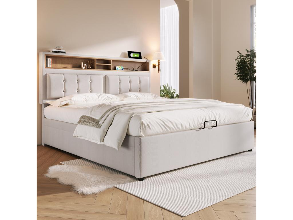 Lit coffre 140x200 cm avec tête de lit rangement - prise USB/C - tissu en lin - beige 22809LQNV