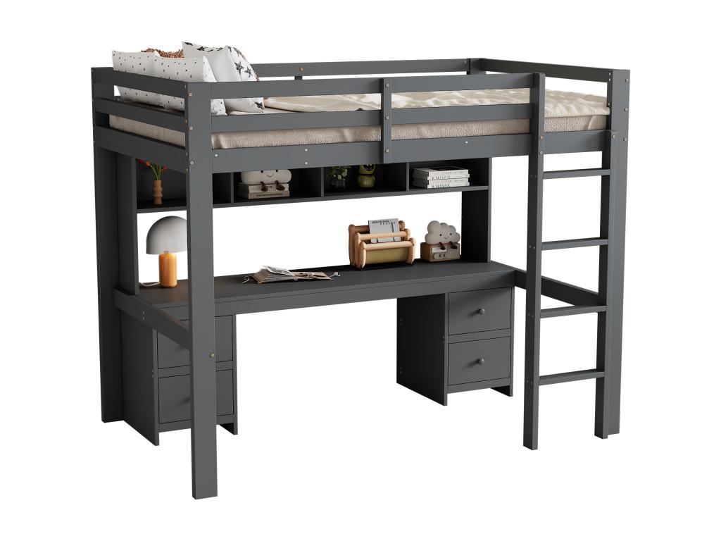 Lit mezzanine 90x200 cm avec bureau bibliothèque tiroirs et échelle Bois Calmetop Gris 92755ZNCQ