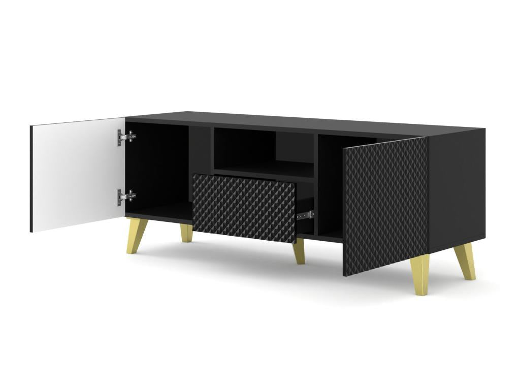 Meuble TV Calmetop C 150 cm 2D1S noir brillant pieds dorés 72730QJNP