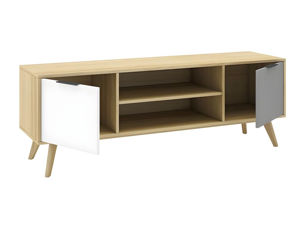 Nidchicshop - Meuble TV 140cm 2 Portes Scandinave Pin Massif Gris Blanc et Effet Chêne 00408GKEI