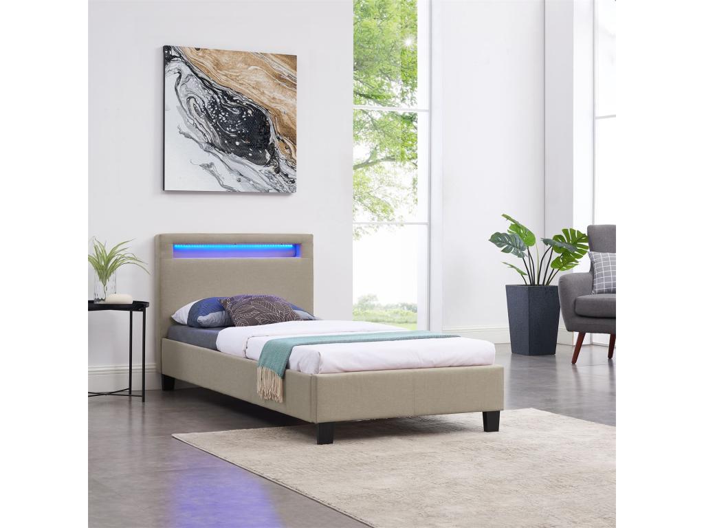 Lit LED simple 90x190 cm avec sommier tête de lit confortable lit 1 place revêtement en tissu beige Nidchicshop 99181ROSO