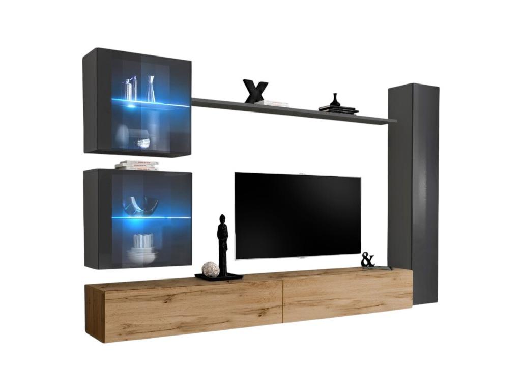 Ensemble meuble salon mural Calmetop design coloris chêne Calmetop et gris brillant. 23599MPNU