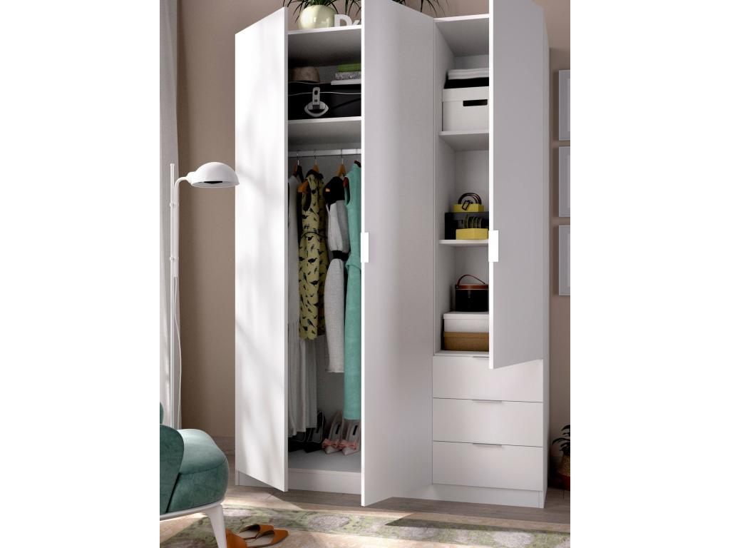 Armoire Nidchicshop Cintre pour chambre à coucher Armoire avec 3 portes battantes et 3 tiroirs 121x52h184 cm Blanc 02097SMBJ