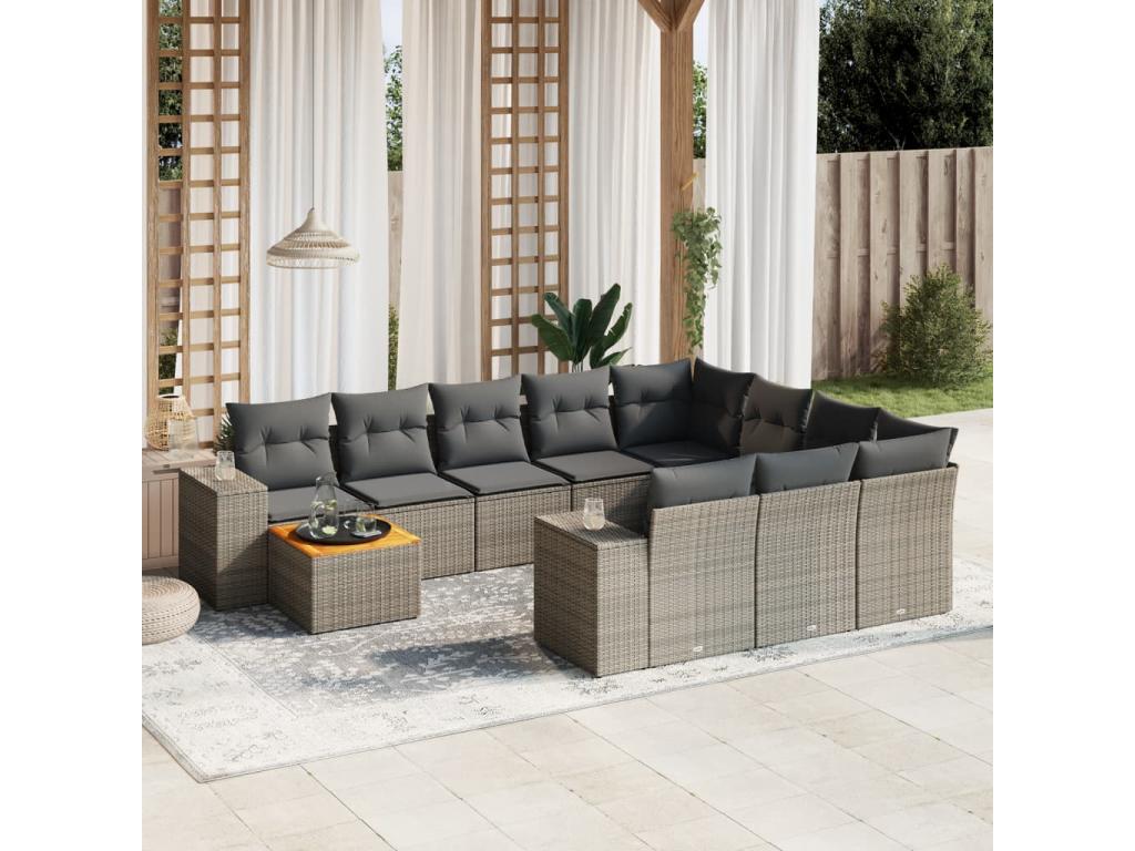 Salon de jardin 11 pcs avec coussins gris résine tressée 10679NNLT