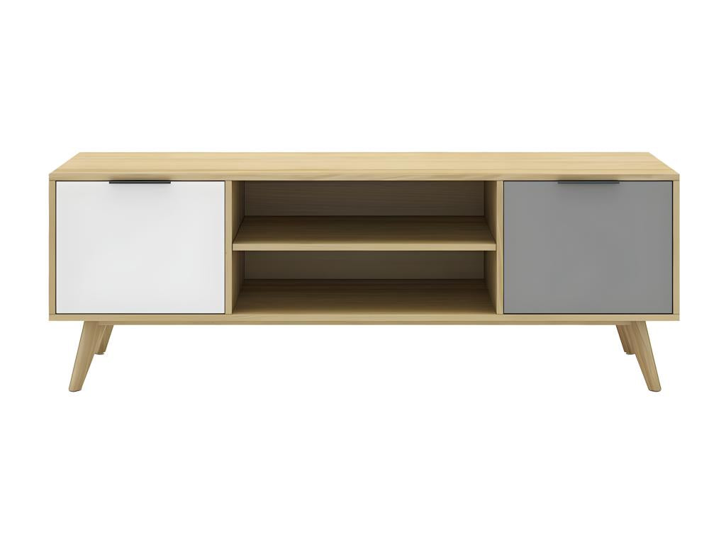 Nidchicshop - Meuble TV 140cm 2 Portes Scandinave Pin Massif Gris Blanc et Effet Chêne 00408GKEI