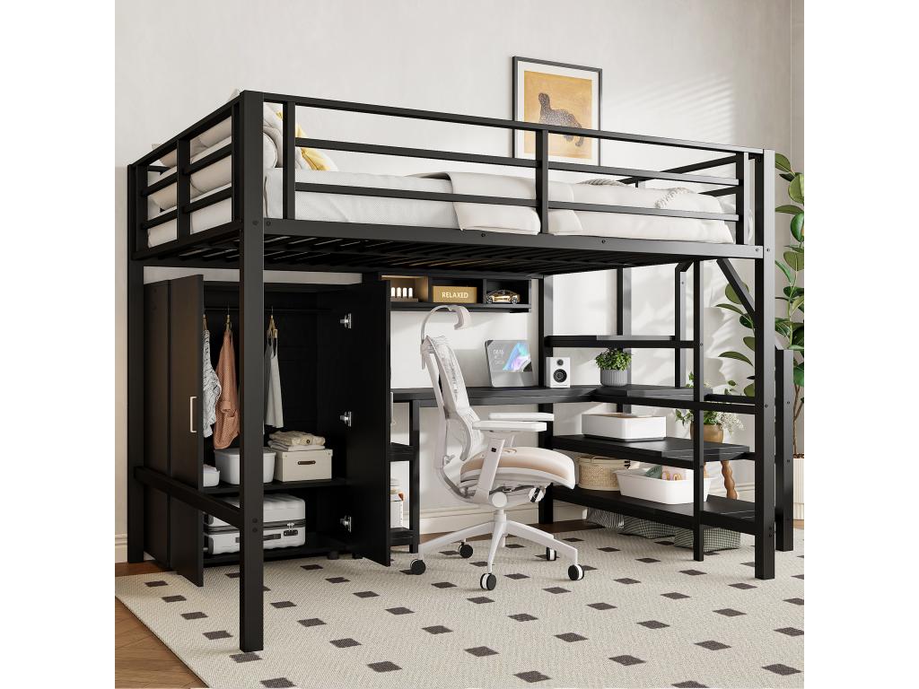 Lit mezzanine 140x200 cm en métal - avec bureau、penderie et échelle de rangement - Noir 69807TVOM