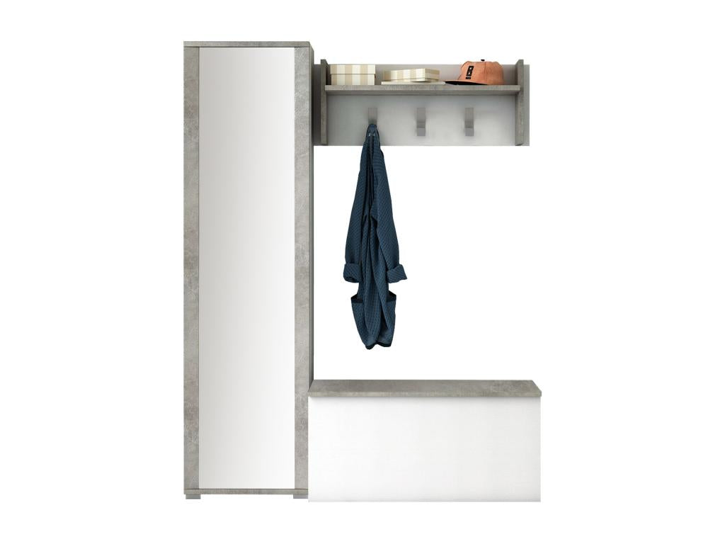 Meuble d'entrée Calmetop Entrée moderne avec portemanteau Meuble avec étagère à chaussures Meuble avec miroir 50x32h182 cm Blanc et Ciment 74873MPYH
