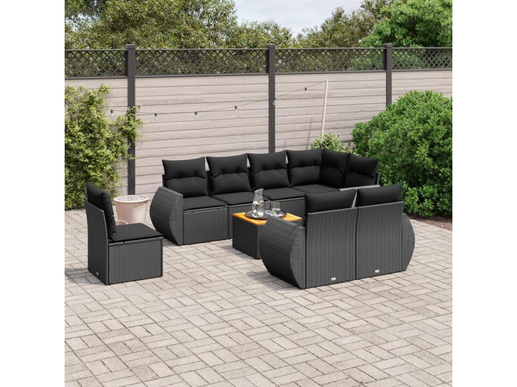 Salon de jardin 9 pièces avec coussins noir résine tressée 84806NSFB