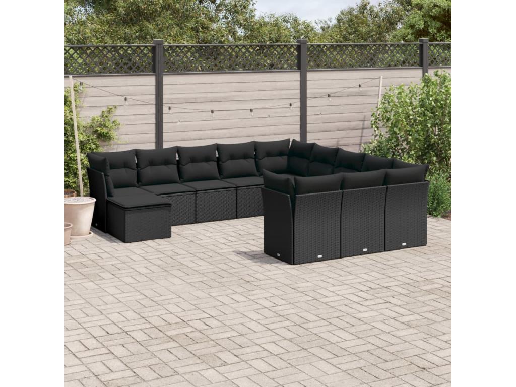 Salon de jardin 12 pièces avec coussins noir résine tressée 43181WKFG