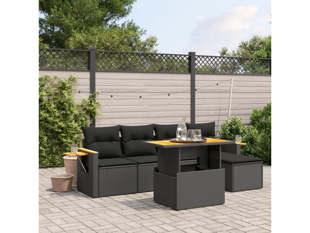 Salon de jardin 6 pcs avec coussins noir résine tressée 61726IWGI
