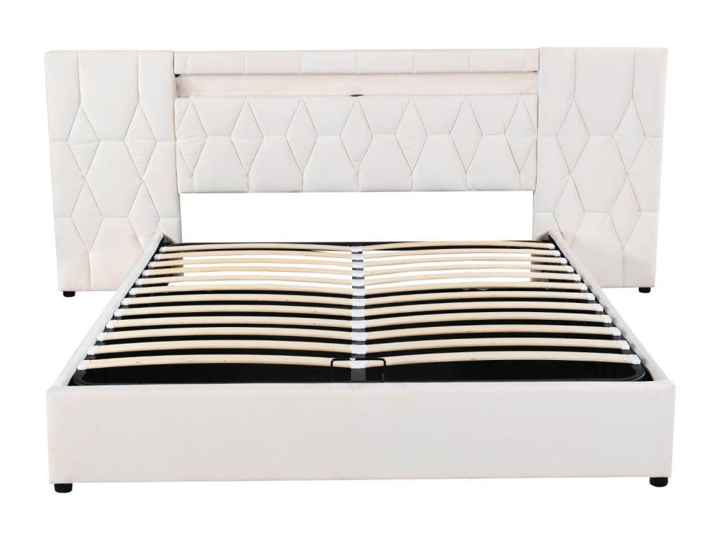 Lit coffre capitonné 180x200cm - avec grand dossier - avec LED et prise USB - velours - lit coffre de rangement - beige 26496LPGI