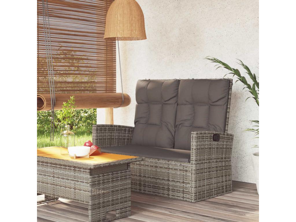 Banc de jardin inclinable et coussins gris 118cm résine tressée 12739ZIIV