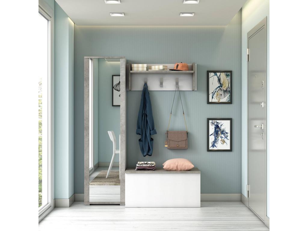 Meuble d'entrée Calmetop Entrée moderne avec portemanteau Meuble avec étagère à chaussures Meuble avec miroir 50x32h182 cm Blanc et Ciment 74873MPYH